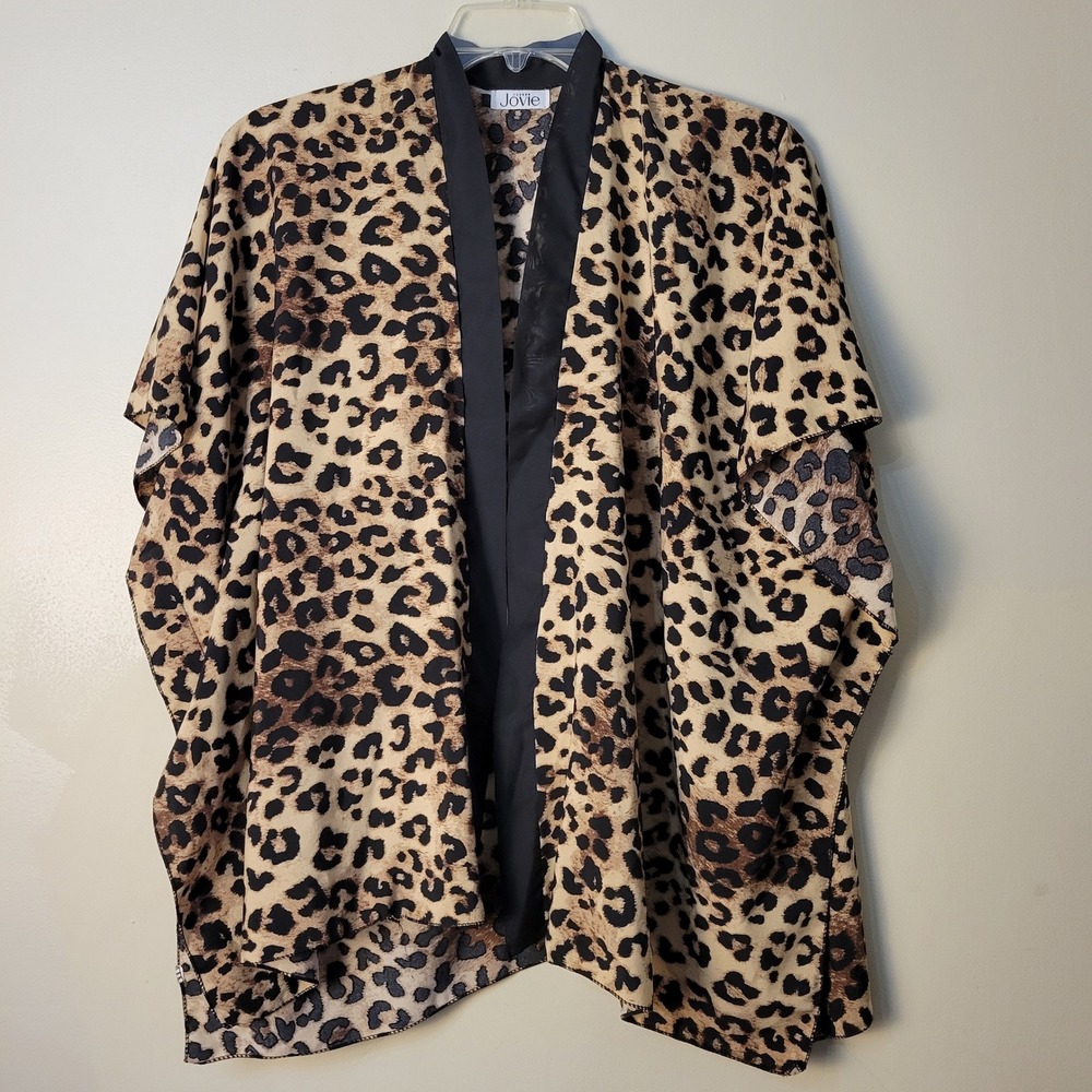 Jovie Womens Leopard Print Kimono Cardigan Open Front Brown Tan OS
